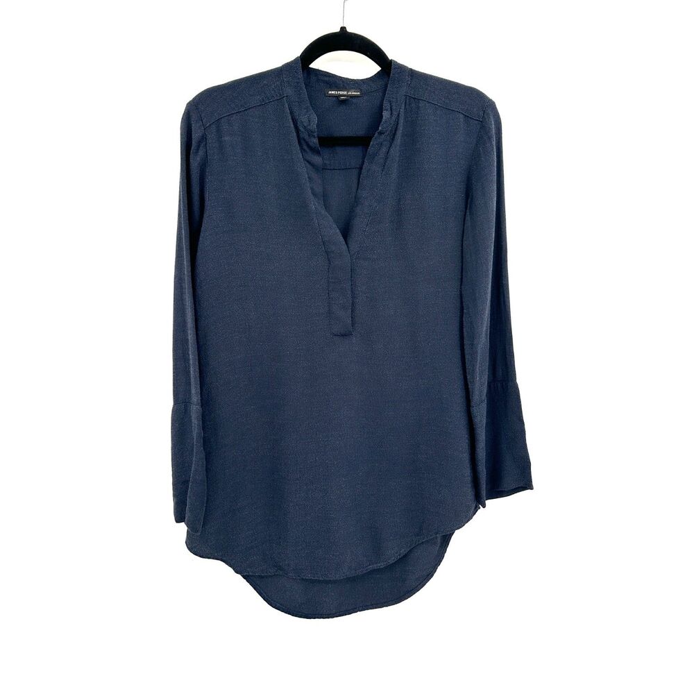 JAMES PERSE Navy Blue Viscose Linen High Low Tunic Top V-Neck Long Sleeve Small